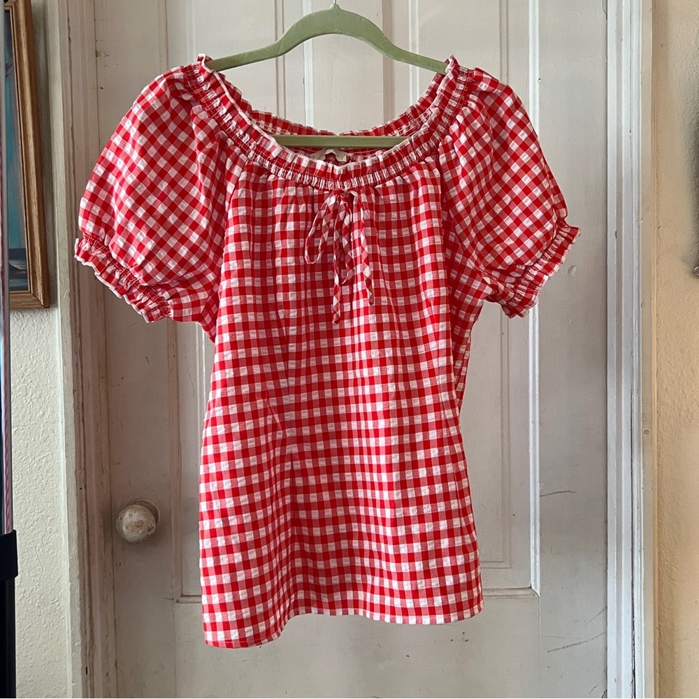 Belle Poque Red Gingham Summer Top, Side Zip Fitted Retro Pinup Top!